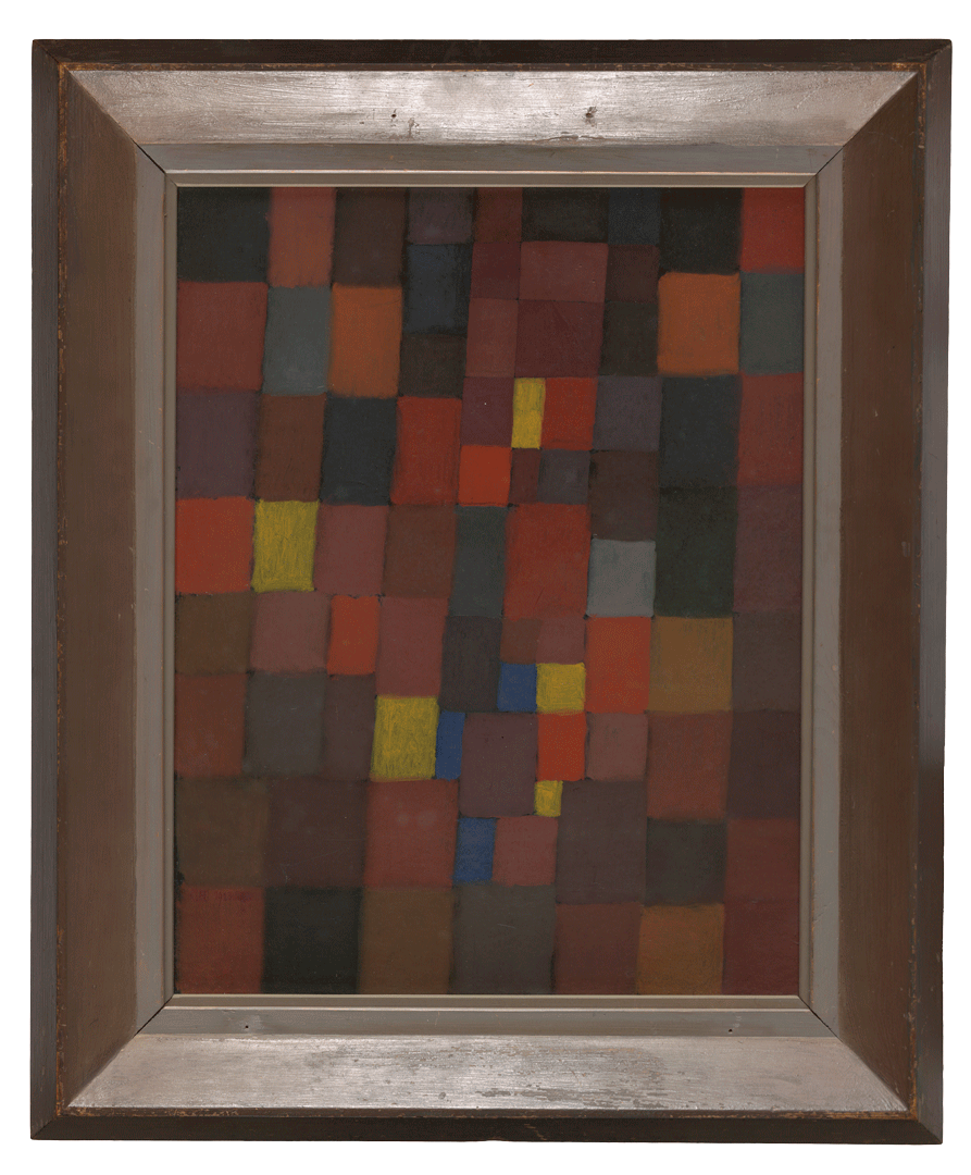 A mixed media work on cardboard in original frame by Paul Klee, titled Bildarchitectur rot gelb blau, 1923, 80 Pictorial Architecture Red, Yellow, Blue, 1923, 80, dated 1923.